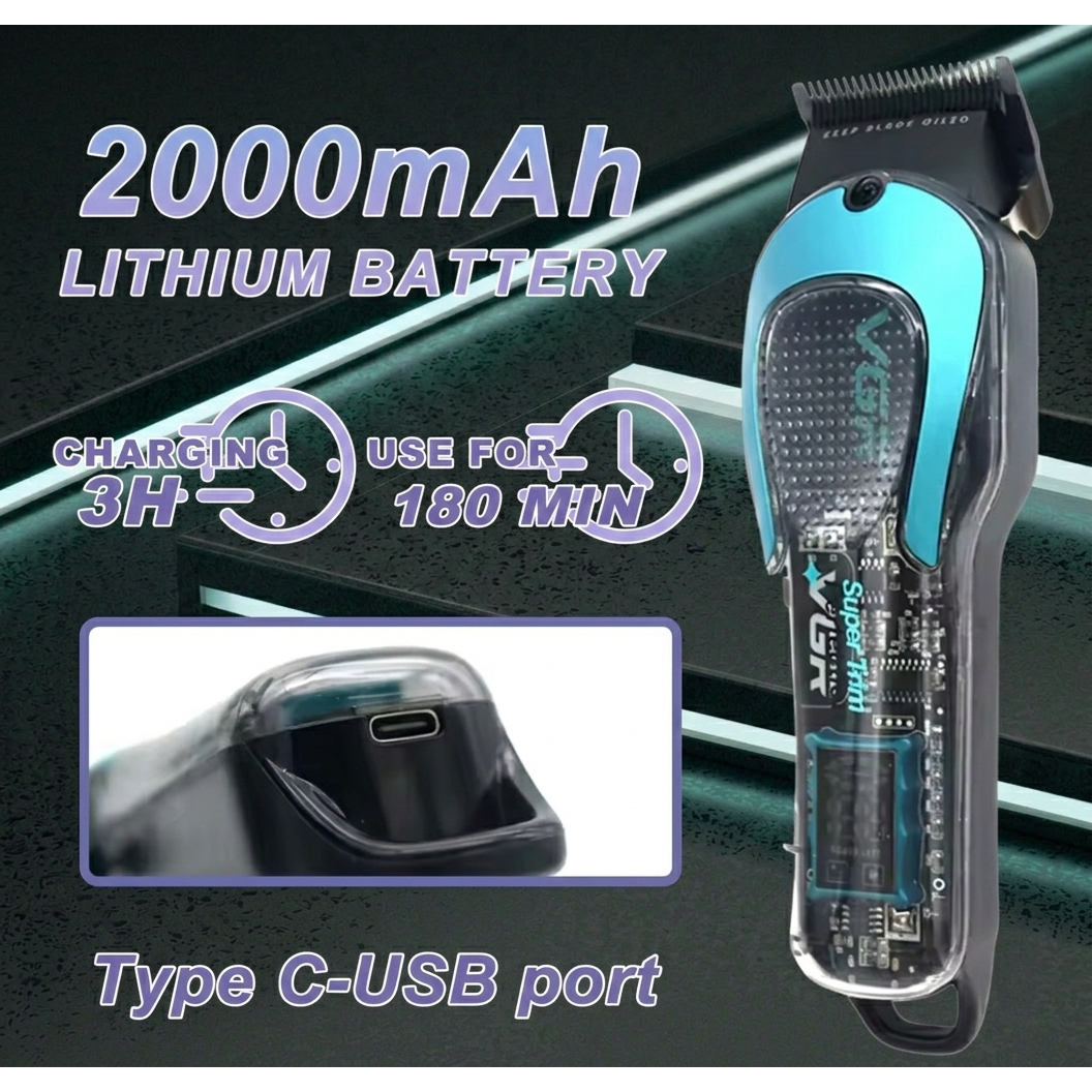 VGR V-692 Professional Transparent Hair Clipper - Cordless Barber Trimmer with LED Display & 2000mAh Battery